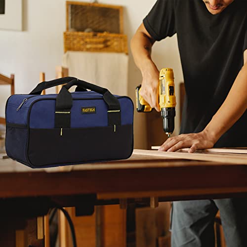 Fastech 14 Inch Small Tool Bag,Wide Mouth Tool Tote Bag,Waterproof Tool Organizer Bag,Electricians Repairman Tools Tote Bag Double Fabric Storage Bag (Blue) #TOP5