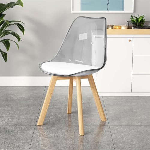 Moderna silla de comedor transparente con respaldo alto, asiento tapizado de plástico PC con patas de haya maciza, almohadilla antideslizante, elegante para el hogar, cocina, oficina, color gris