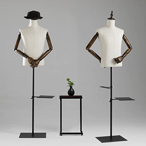 53-76Inch Male Mannequin Torso With Wooden Arms Metal Stand, Height Adjustable Dress Form Male With Detachable Trousers Rack And Shoe Holder, Pinnable Torso Display For Clothing Retail Sewing Shop #TOP3