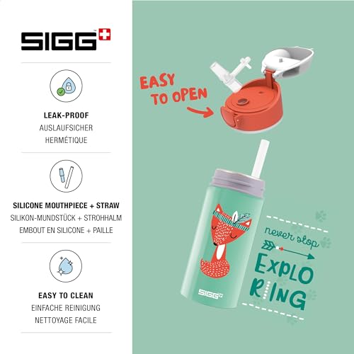 SIGG - Alu Trinkflasche Kinder - Miracle Peaceful - Mit Trinkhalm - Auslaufsicher - Federleicht - BPA-frei - Klimaneutral Zertifiziert - Schule & Sport - Wassergrün & Orange mit Fuchs - 0,4L