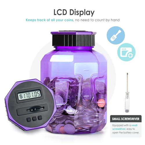 X-Large Piggy Bank for Adults Kids, Vcertcpl Digital Coin Counting Bank with LCD Counter, 2.4L Capacity, Great Coin Counter Bank Money Counting Jar with Total Amount Displayed (Purple)