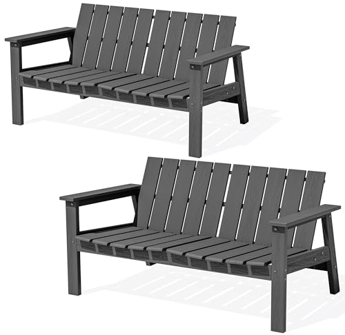 Image of SERWALL 2-Person HDPE All-Weather Outdoor Bench Set of 2, Grey