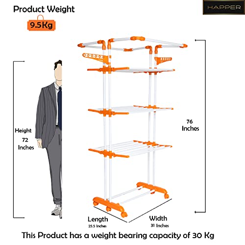 Image of Happer Premium Double Supported 4 Layer Cloth Drying Stand with Thread Lock Mechanism and Breaking Wheels, King Jumbo (Orange) Stainless Steel Plastic