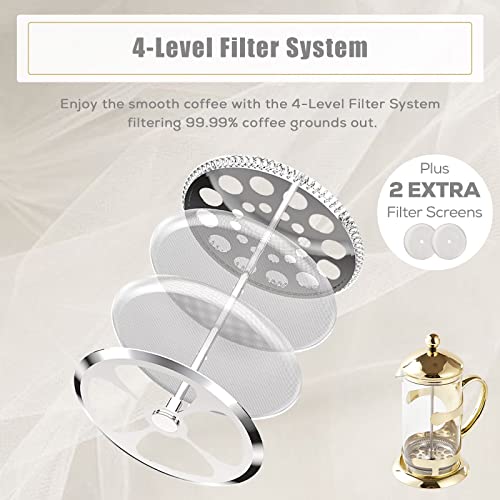 Dujust Gold French Press Coffee Maker, Luxury Design French Coffee Press With 4-Level Filter System, High-Grade Glass For Hot & Cold Resistance, Include Long Size 304 Stainless Steel Spoon - 34Oz #TOP2