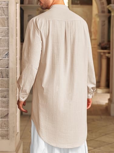 Runcati Mens Kaftan Thobe Cotton Linen Henley Shirt Long Sleeve Robe Casual Muslim Gown Kurta3