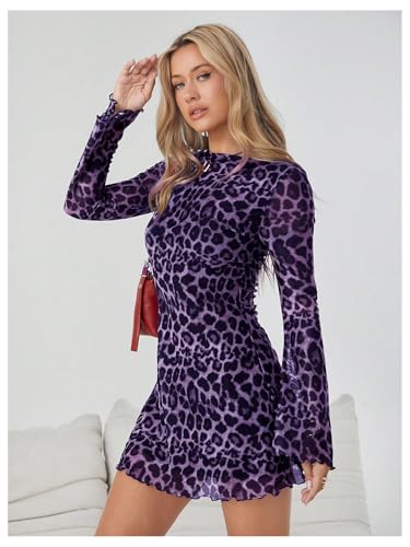 Image of Milumia Women's Leopard Print Mini Dress Y2k Bell Long Sleeve Cheetah Short Dresses Going Out Party Clubbing Outfits