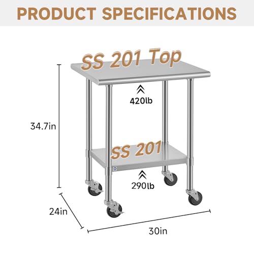 Image of ROCKPOINT All Stainless Steel Prep Table with Caster 24x30 Inch, Commercial Heavy Duty Workbench with Stainless Legs & Adjustable Undershelf, 710 lb Capacity for Outdoor Kitchens with Wheel
