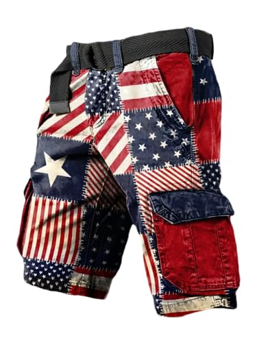 Man's Independence Day Vintage Flag Patchwork Print Patriotic Cargo Shorts