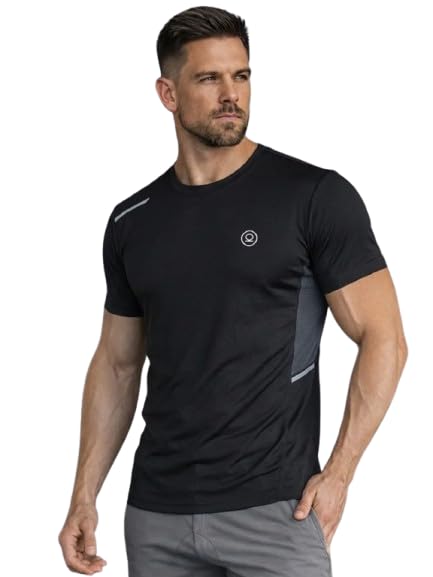 Men Polyester Solid Quick Dry Sports Gym T-Shirt Breathable Moisture-Wicking Half Sleeve Round Crew Neck Regular Fit Active Wear for Running and Training