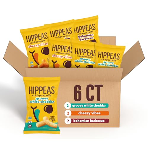 Image of Hippeas Chickpea Puffs, Variety Pack: Vegan White Cheddar, Nacho, BBQ, 4 Ounce (Pack of 6), 4g Protein, 3g Fiber, Vegan, Gluten-Free, Crunchy, Plant Protein Snacks