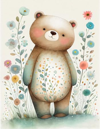 Toile ours mignon dans la prairie 60x80cm aquarelle pour chambre enfant