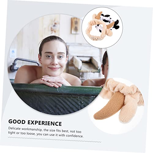 FRCOLOR Cow Ears Spa Headbands For Women 2pcs Elastic Head Hair Bands Fluffy Headband For Washing Face Makeup Skincare Hair Wrap Plush Animal Make Up Hair Headband - Image 4