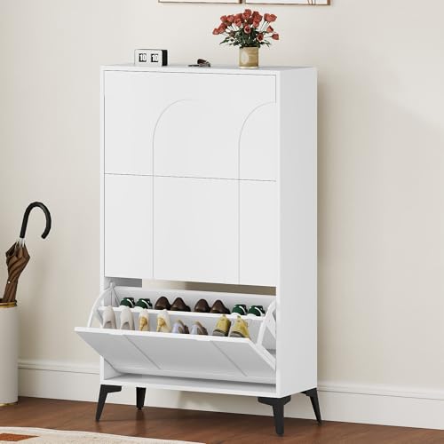 DWVO Zapatero Estrecho Blanco con 3 Solapas Mueble Zapatero Entrada...