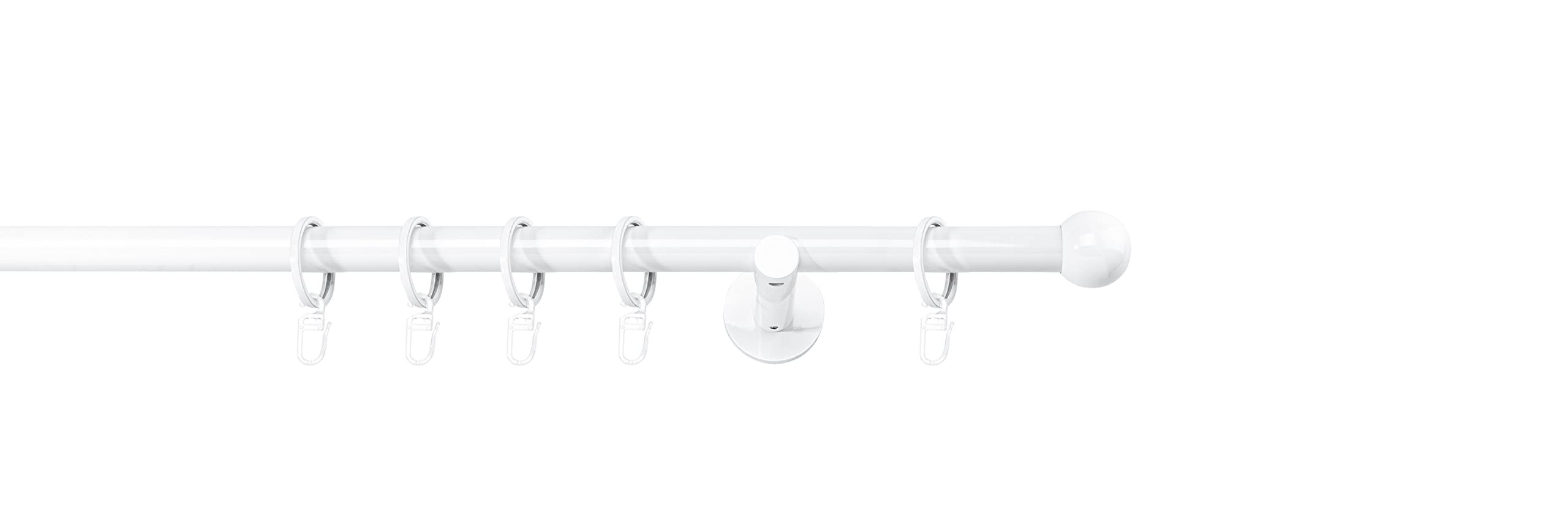 Gardinenstange auf Maß 20mm Ball 1-lauf Vorhangstange Wandträger 12cm Stilgarnitur mit Ringen für Vorhänge Weiß 130cm