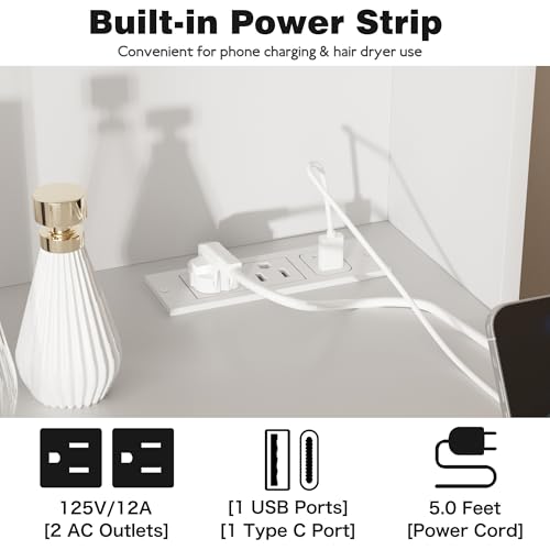 Image of YESHOMY Vanity Desk with Mirror, Power Outlet and 10 Lights, Makeup Table with 7 Drawers, 3 Color Modes Available for Bedroom, White