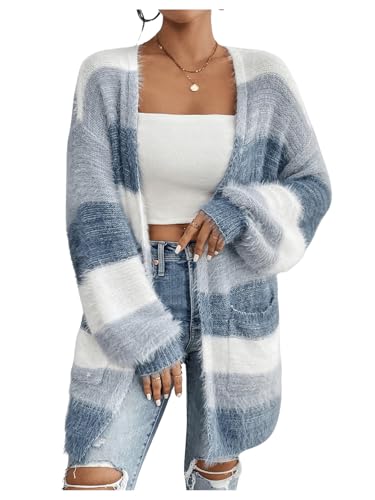 GORGLITTER Women's Colorblock Open Front Fuzzy Cardigan Long Sleeve Knit Coat with Pockets