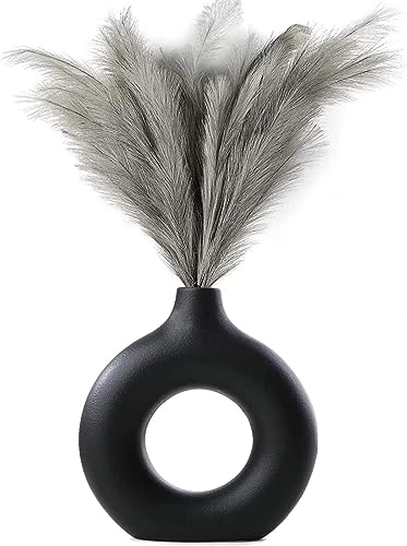 Image of White Donut Vase Hollow Ceramic Vase for Flowers Handmade Minimalist Style Modern Home Decor Round Shape Table Party Living Room Office Bedroom (Black Large)
