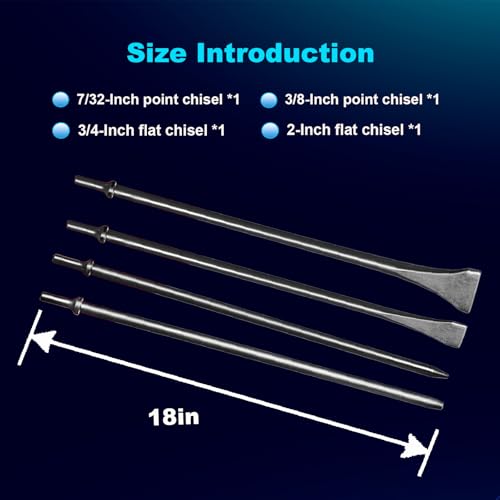 Image of Pneumatic Taper Punch and Air Cold Chisel Set, 7 /32 inch x 18 inch Point Tip,3 /8 inch x 18 inch Point Tip,3 /4 inch x 18 inch Flat Chisel, 2 inch Wide 18 inch Long Scaling Chisel Floor Scraper, 0.401 Inch Shank Air Tool