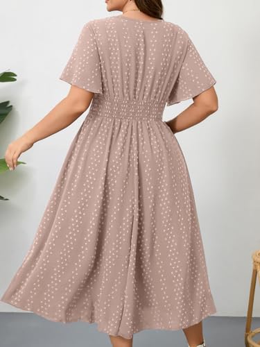 Image of RWJ Women's Plus Size Maxi Dress V Neck Short Sleeve Swiss Dot A Line High Waist Boho Swing Casual Summer Dresses