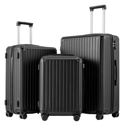 COOLIFE Koffer Trolley-Koffer Hartschalen-Koffer Rollkoffer Reisekoffervon ABS-Material mit TSA-Schloss Teleskopgriff und 4 Zwillingsrollen (Schwarz, Koffer-Set)