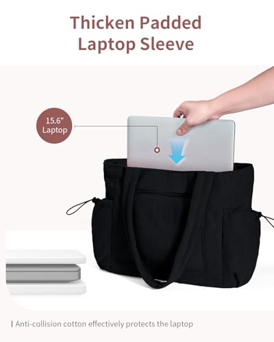 ECOHUB Sztruksowa Torebka Damska, Duża Torba na Zakupy z Zamkiem Błyskawicznym, Recyklowana Torba na Ramię z Przegrodą na laptopa 15,6”do Pracy, Uczelnię, w Podróży i Zakupy, Czarny