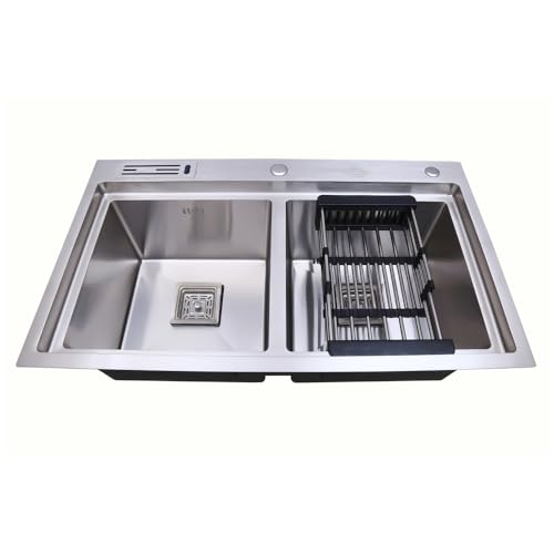 Image of CROCODILE 32x20 Inch 304 Grade Stainless Steel STEP Handmade Kitchen Sink | Double Bowl with Tap Provision, Heavy Duty, Anti-Rust, Sound-Dampening Sink for Modern Kitchens