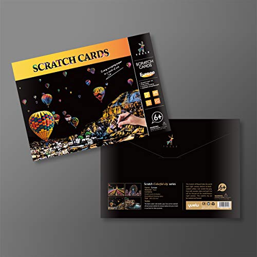 Rainbow Scratch Art Painting Paper (A4) for Kids & Adults, DIY Night View Scratchboard Set: 4 Sheets Scratch Cards & Drawing Pen, Clean Brush (Cinque Terre / Windmill / Hot Air Balloon / Ferris Wheel