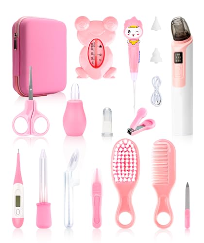 Image of Baby Grooming and Healthcare Kits with Electric Nasal Aspirator, 18 in 1 Portable Baby Safety Care Set with Hair Brush Comb Nail Clipper for Newborn Infant Girl Boys(Pink)