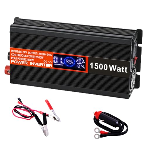SolaMr 1500W Inversor de Corriente DC 24V a AC 220V/240V con Pantalla LCD y Puertos de Carga USB Convertidor para Sistema Montado en Vehículo y Acampada Salvaje- 1500W