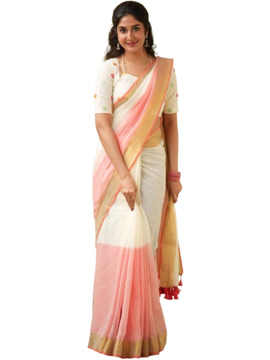 Image of Women's Cotton Silk Handloom Plain Solid Golden Zari Border Saree with Unstitched Blouse Piece | 5.5 Meter Saree + 0.8 Meter Blouse Piece | Traditional Ethnic Wear