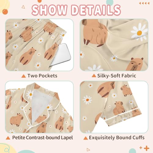 senya Cute Capybara Daisy Flower B Satin Summer Pajama Sets Silk Short Sleeve Button Down Sleepwear3