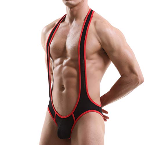 QIBOOG Men Jockstrap Wrestling Singlet Leotard Underwear Suspenders Singlet Bodysuit Mesh See Through One-Piece Jumpsuit(Dark Blue,S)