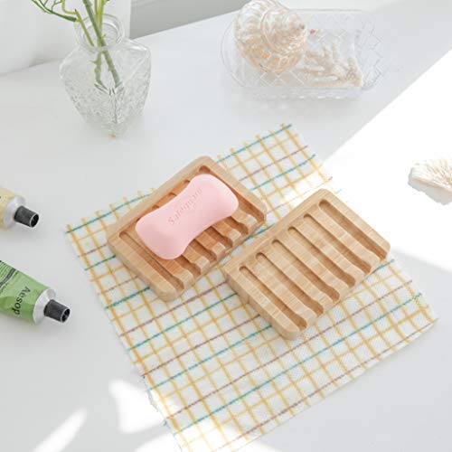 Fiewmay 2 pcs Bamboo Soap Dishes for Bathroom/Shower, Natural Wood Big Bar Soap Holder with Self Draining Tray, Natural Waterfall Drain Soap Saver