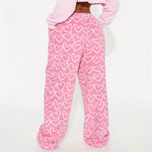 Image of Valentine's Day Flannel Pants Women's Romantic Heart Print Elastic Drawstring Waistband Wide Leg Loose Fit Trousers