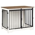 Hzuaneri Dog Crate Furniture, 81 cm Double Door Dog Crate with Barn Door, Indoor Kennel, End Side Table Wooden Animal Crates for Small Medium Dogs, Anti-Chew Anti-Escape, White Brown DFC83614B