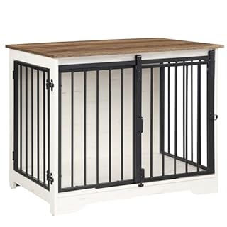 Hzuaneri Dog Crate Furniture, 81 cm Double Door Wooden Dog Crate with Barn Door, Indoor Kennel, End Side Table Animal Crates for Small Medium Dogs, Anti-Chew Anti-Escape, White Brown DFC83614B