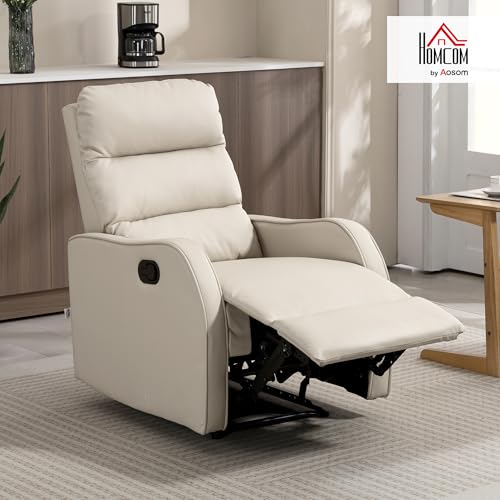 HOMCOM Sillón Relax Reclinable Manual, Sillón Relax Tapizado en PU con Reposapiés Retráctil, Acolchado Grueso, Butaca Reclinable hasta 160º, para Salón, Dormitorio, Crema, 65x89x100 cm - imagen 2