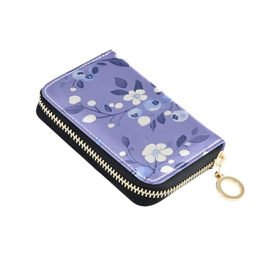 BOESI Doodle Blueberry and White Flower Leather Card Holder, Credit Card Holder Wallet, RFID Blocking Credit Card Holder, Organizer Zipper Wallet