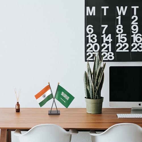 Image of The Flag Company Country Cross Table Desk Flags on Acrylic Base with Poles (Length: 10 inches) | Use for Home & Office,Conference (Saudi Arabia)