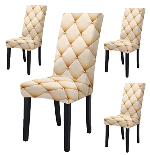 BRIDA Stretchable Floral Geometric Printed Dining Chair Covers Frill Skirt Elastic Chair Seat Case Protector, Slipcovers (4 Chair Cover, Cream Geometric),Polyester;Polyester Blend