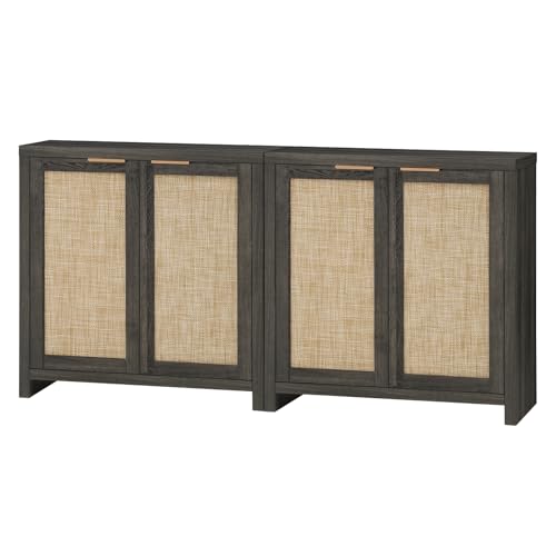 Image of OAKHAM HOME Hampstead Storage Sideboard Cabinet with Rattan Doors and Adjustable Shelves, Buffet Kitchen Cabinet Cupboard Console for Living Room, Set of 2