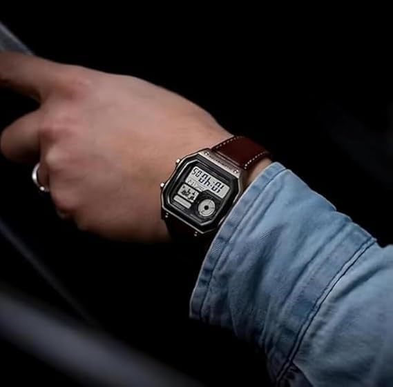 Image of Men's Digital World Time Watch with Brown Leather Strap, Alarm, Chronograph, Illuminator, 100M Water Resistant