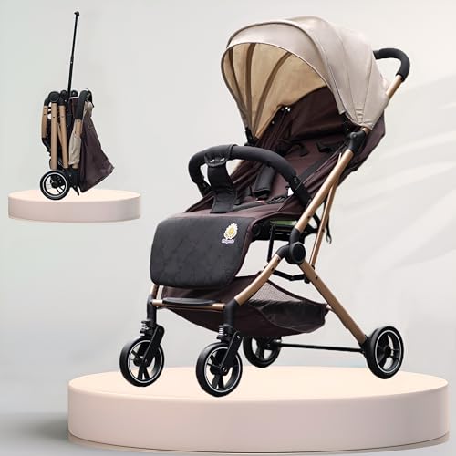 Image of Chipzzie Travel Mate Baby Stroller - Pre-Installed, Lightweight, Compact & Travel-Friendly | One-Hand Fold | Full Recline & 5-Point Harness | Newborn to Toddler (0-3 Yrs) | Elegant Rose Gold Frame - Brown /Khaki