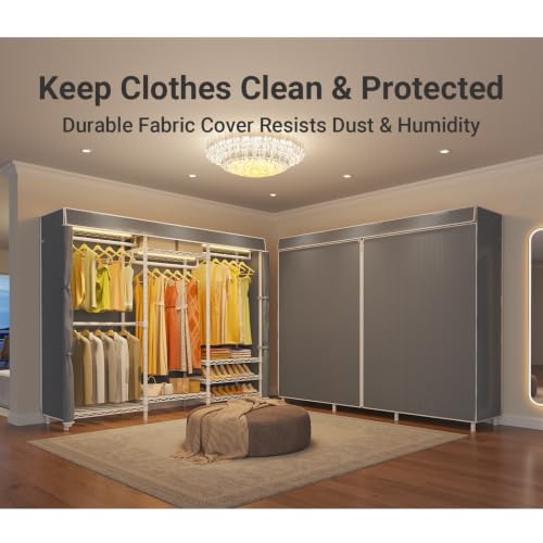 Image of VIPEK V5LC Garment Rack Heavy Duty Covered with Dimmable LED Lights, 3000K Warm White, Portable Closet Wardrobe Freestanding for Hanging Clothes, with Grey Cover