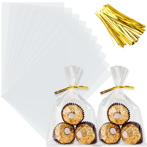 ZHEWTOEN Cellophane Treat Bags 4 x 6: 100 PCS Clear Cello Bags with Color Twist Ties for Cookies Candy Popcorn Small Gifts Party Favor Goodie Bags