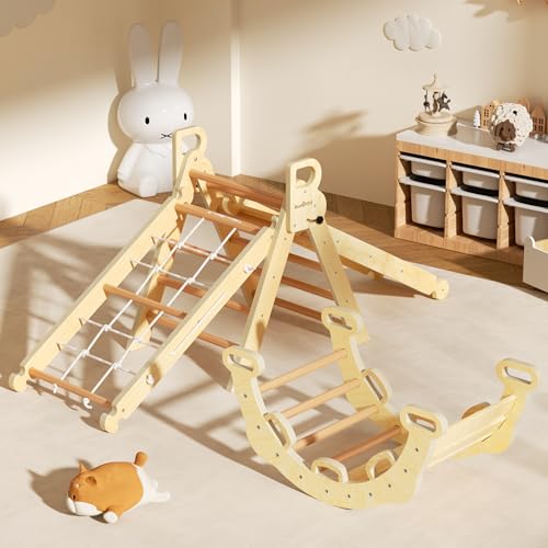 Image of BlueWood 2025 8-in-1 Pikler Triangle Climbing Set Toddler Toys Indoor Baby Jungle Gym Climber Playground for Kids - Mauve Pink