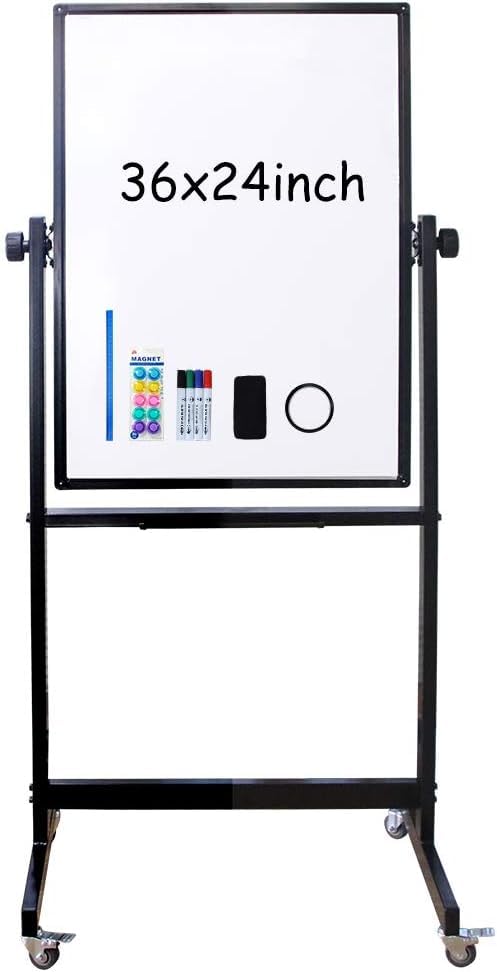 Pizarra magnética negra móvil con ruedas, 90 x 60 cm, con superficie magnética de doble cara y marco de aluminio duradero, para oficina y escuela
