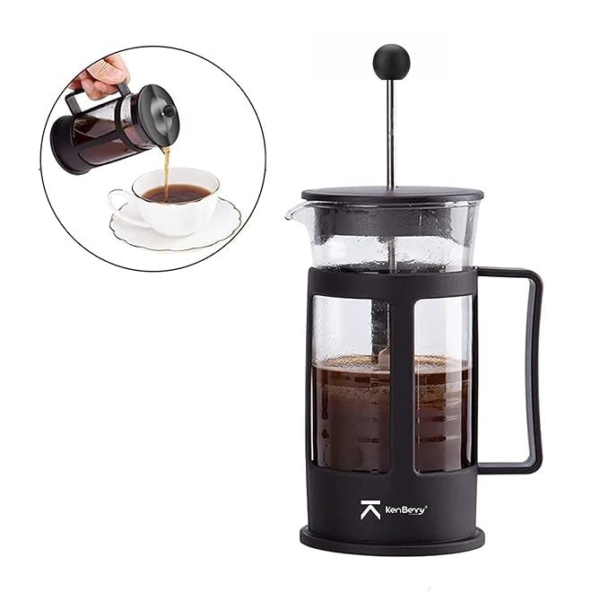 Image of KenBerry French Press Coffee & Tea Maker Borosilicate Glass with sleeves Carafe | BPA-Free Plastic Lid | 4-Level Filtration with Stainless Steel Plunger with Mesh | Compact & Durable, 600 ML