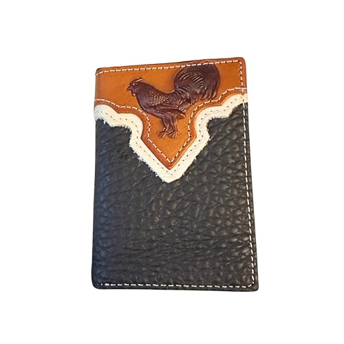 Men’s Leather Tri-Fold Wallet – Embossed Rooster Design – Western Cowboy Farm Ranch Wallet for Country Men, Rooster Lovers & Gift Ideas