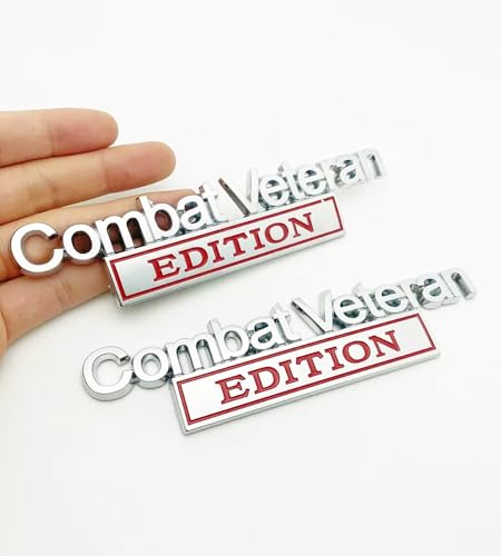 Image of Pair Set Combat Veteran Edition Emblem 3D Badge Raised Decals Exterior Truck Stickers Replacement for Universal Vehicle, SUV, Motorcycle, (Silver Red)